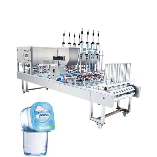 Automatic Linear Stainless Steel Water Cup Filling Sealing Machine with Metered Dosing Foil Lidding for Drink Packaging