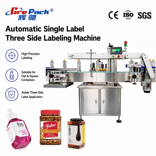 Automatic Square Flat Bottles Three Side Labeling Machine High Speed Label Applicator Compatible with Assembly Line