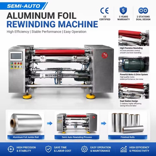 Semi-auto Aluminum Foil Rewinding Machine Dual Shaft High Speed 400m/min Foil Roll Making Equipment with CE