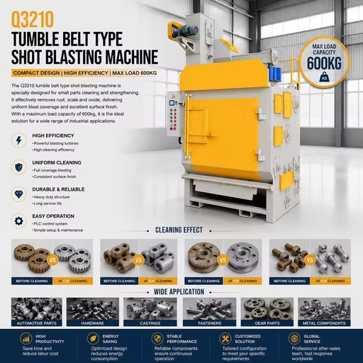CE Q326 Tumble Belt Shot Blasting Machine 3000kg Heavy Duty Mn13 PLC Sa2.5 Foundry Automotive Castings Engine Gearbox Pump