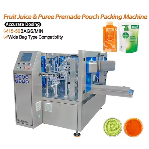 Automatic Fruit Juice & Puree Premade Pouch Packing Machine 15-50 Bags/Min Piston Filling for Stand-up Pouch