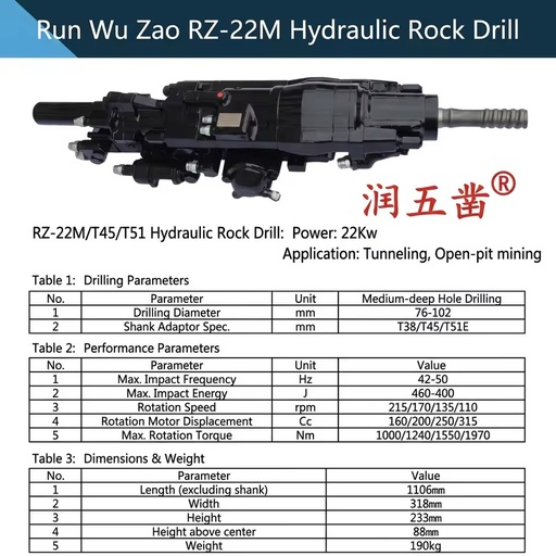 2238-RZ Rock Drill, Mining Machinery, Complete Machine RUN WU ZAO High Stability Forged Steel Parts Drilling Rigs Ore Mining Use
