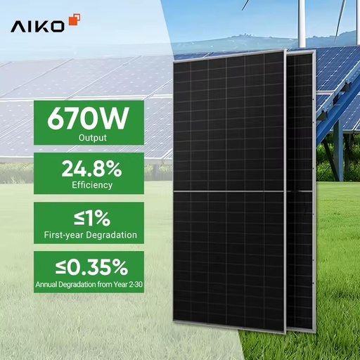 Aiko Solar Panels 640W 645W 650W 655W 660W 665W 670W N-type Abc Bifacial Double Glass for Electricity Generation