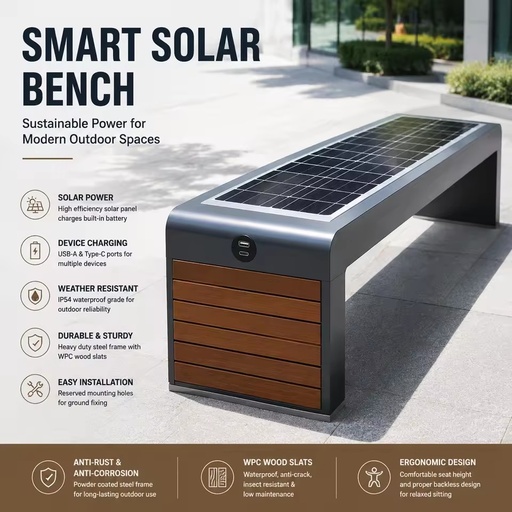 Solar Smart Patio Bench Outdoor Public Seating WPC with USB Type C Charging for Garden Campus Hospital Street