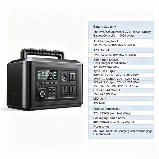 2010Wh LiFePO4 Battery 1200W, 10,000 Cycles. Fast 1200W AC Input. 3*AC Pure Sine Wave. Ideal Off-grid Energy for Heavy Duty.