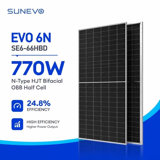 Sunevo 720W 750W 770W HJT N-Type Bifacial Solar Module with 24.8% Efficiency and 132 Half Cells for Industrial Solar Station