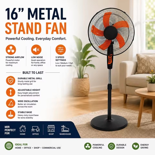 Elegant Home 16-Inch Vertical Fan Strong Wind Fashionable Design Metal Construction Electric Battery Operated Adjustable Height