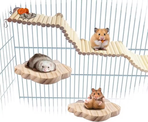 Premium Natural Wood Hamster Ladder Flexible Bridge With 2 Cloud Platforms Small Pet Cage Accessories Set for Mice