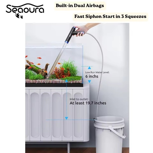 Seaoura SR-528 Safe Aquarium Gravel Vacuum with Anti-Suction Filter Basket Net Spliced Siphon Water Changer for Fish Tank