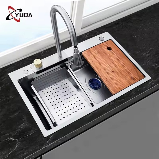 Nano Step Smart Single Bowl Kitchen Sink Automatic Control Waterfall Faucet with Cup Washer