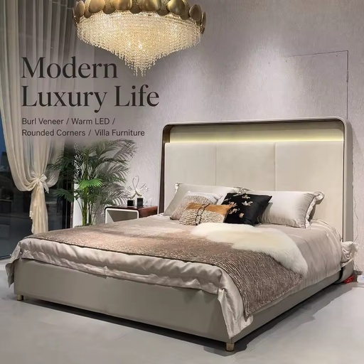 Radica Burl Wood Frame Recessed Warm LED Three Padded Panels Low-Profile Leather Base Villa Hotel Suite Luxurious Modern Luxury