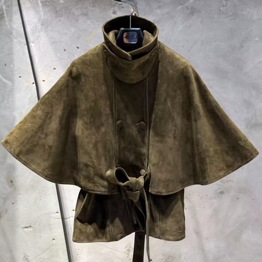 High Stand Collar Batwing Sleeve Jackets Real Sheep Leather Jacket Women's Leather Cape Jacket