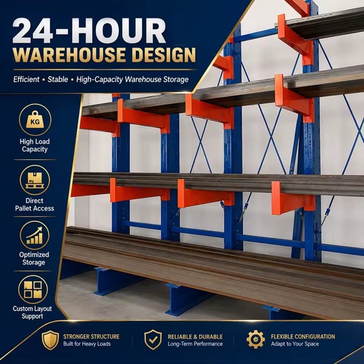 Robust Cantilever Racking System H-Beam Base for Industrial Wood and Steel Trade Hub Distribution Plan