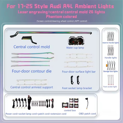 Car Ambient Light for Audi A4 S4 B9 B9.5 2017-2024 Symphony RGB LED Atmosphere Lamp 32 Color MMI Control Refit Kit 12V 1Yr