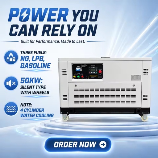 Three Fuel NG LPG Gasoline Natural Gas 50KW 62.5KVA Generator