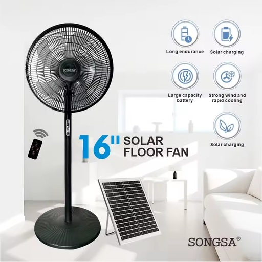 16 Inch 12V DC Rechargeable Solar Stand Fan with LED Light Cheap Price Electric Air Cooling Fan for Hotel Use