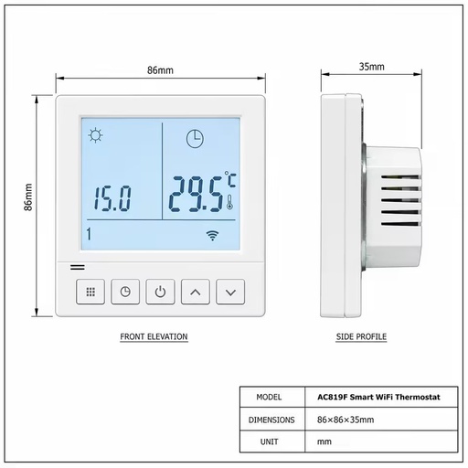 AC819F Digital Programmable WIFI RS485 Square Fan Coil Thermostat 220V Modern Design Flame Retardant PC+ABS Energy Saving